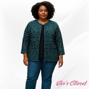 Chico's Traveler Chiffon Jacket Navy Turquoise Blk Ribbon Accents Sz 3 XL  16/18